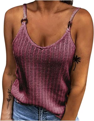 Women's Waffle Plaid Solid Camisole Spaghetti Strap Splicing Loop Tank Casual Round Neck Top Comfy Loose Shirt