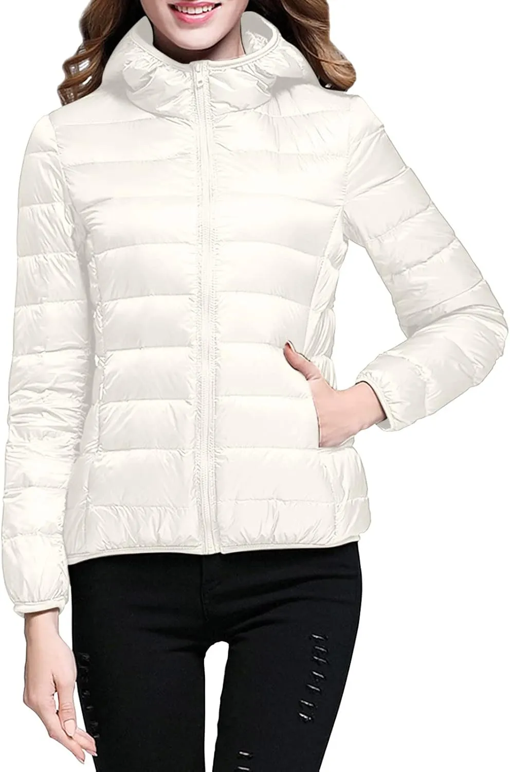 Womens Warm Lightweight Puffer Jackets Fashion Solid Color Waterproof Quilted Coats White Duck Down Casual Outerwears