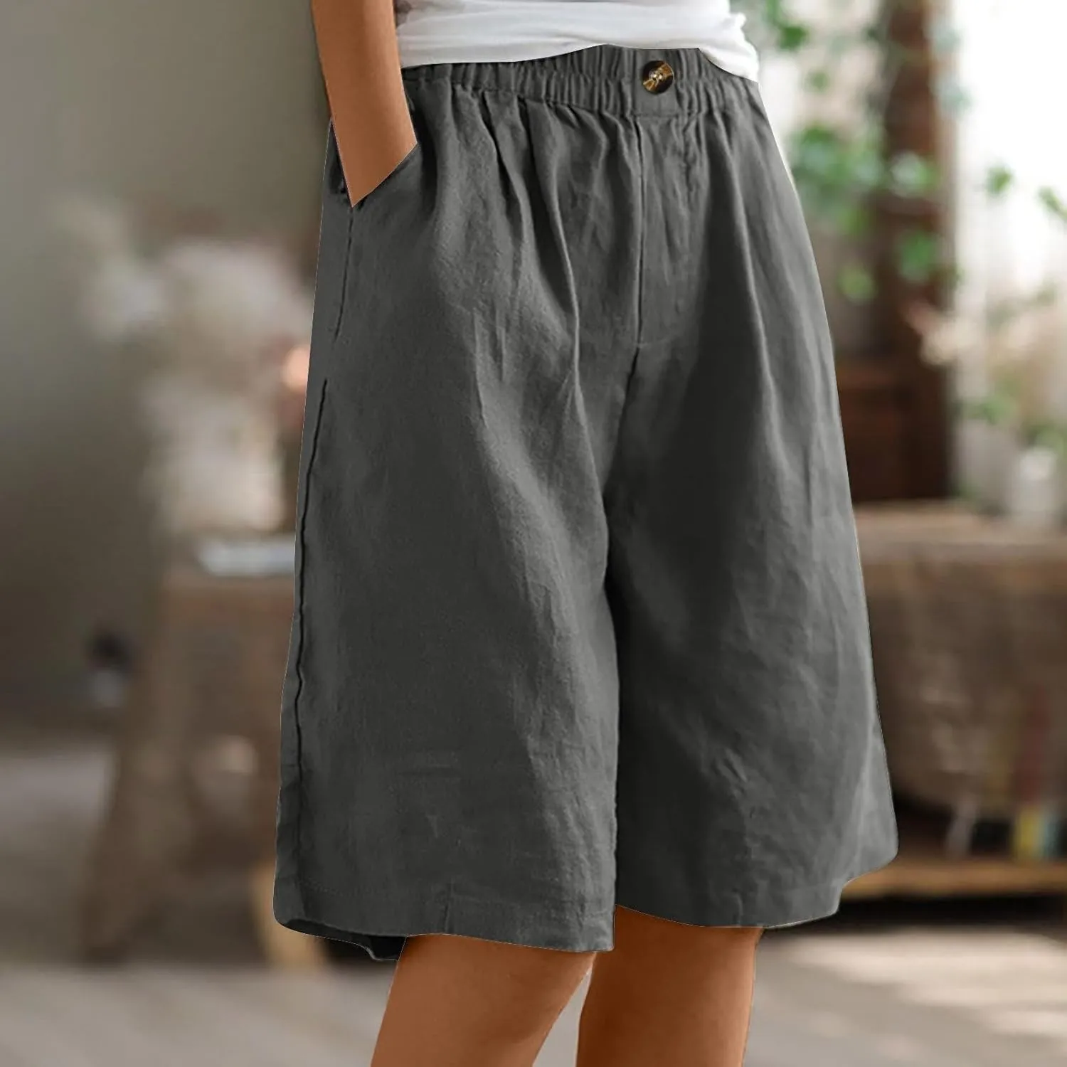 Womens Wide Leg Cotton Linen Shorts Comfy Bermuda Shorts Summer Casual Short Pants Loose Knee Length Shorts