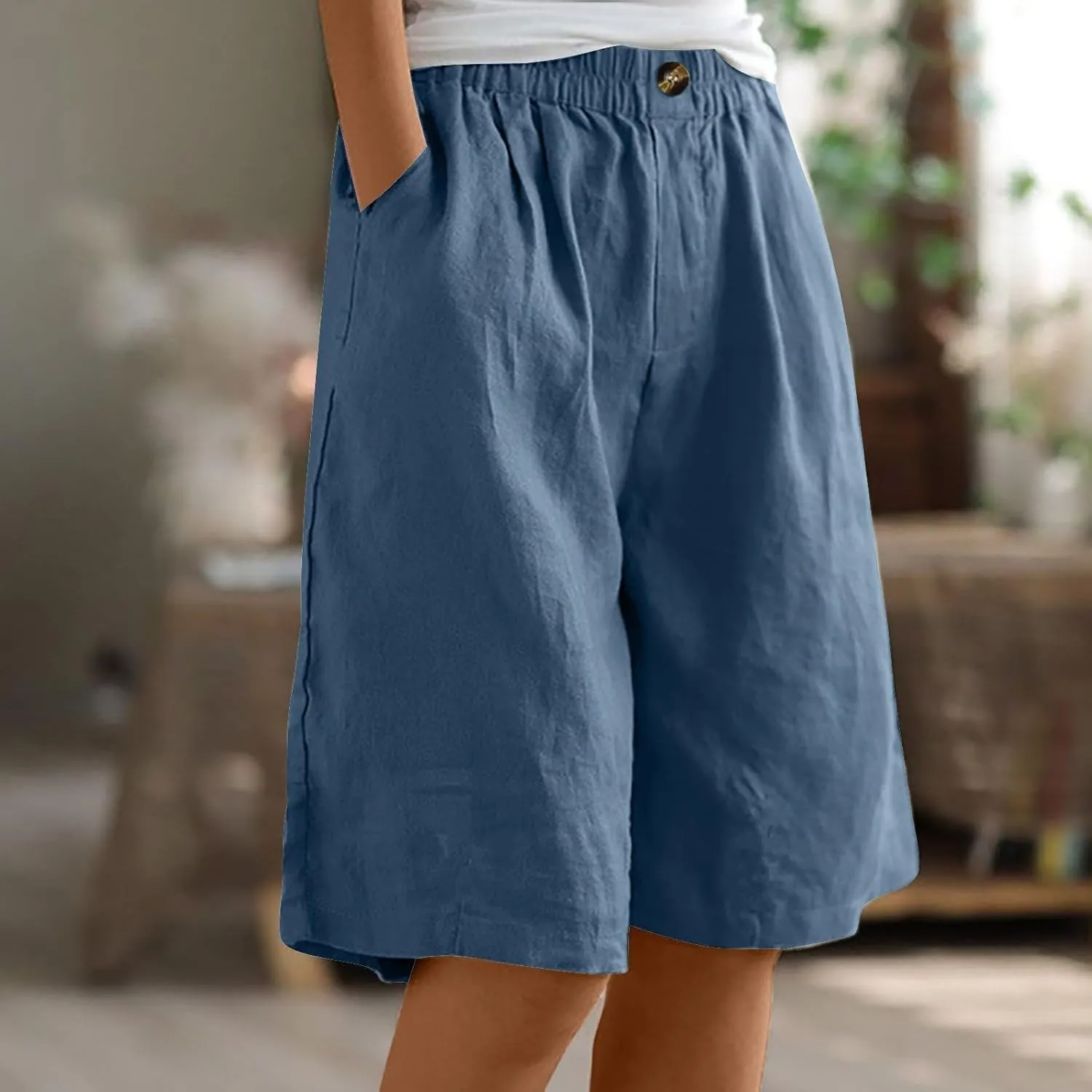 Womens Wide Leg Cotton Linen Shorts Comfy Bermuda Shorts Summer Casual Short Pants Loose Knee Length Shorts