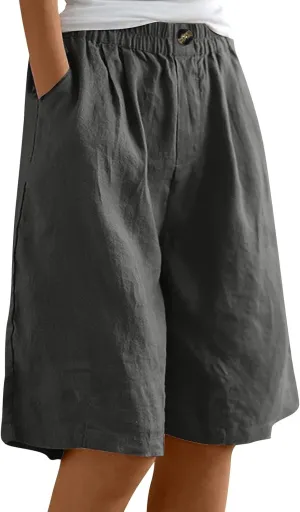 Womens Wide Leg Cotton Linen Shorts Comfy Bermuda Shorts Summer Casual Short Pants Loose Knee Length Shorts
