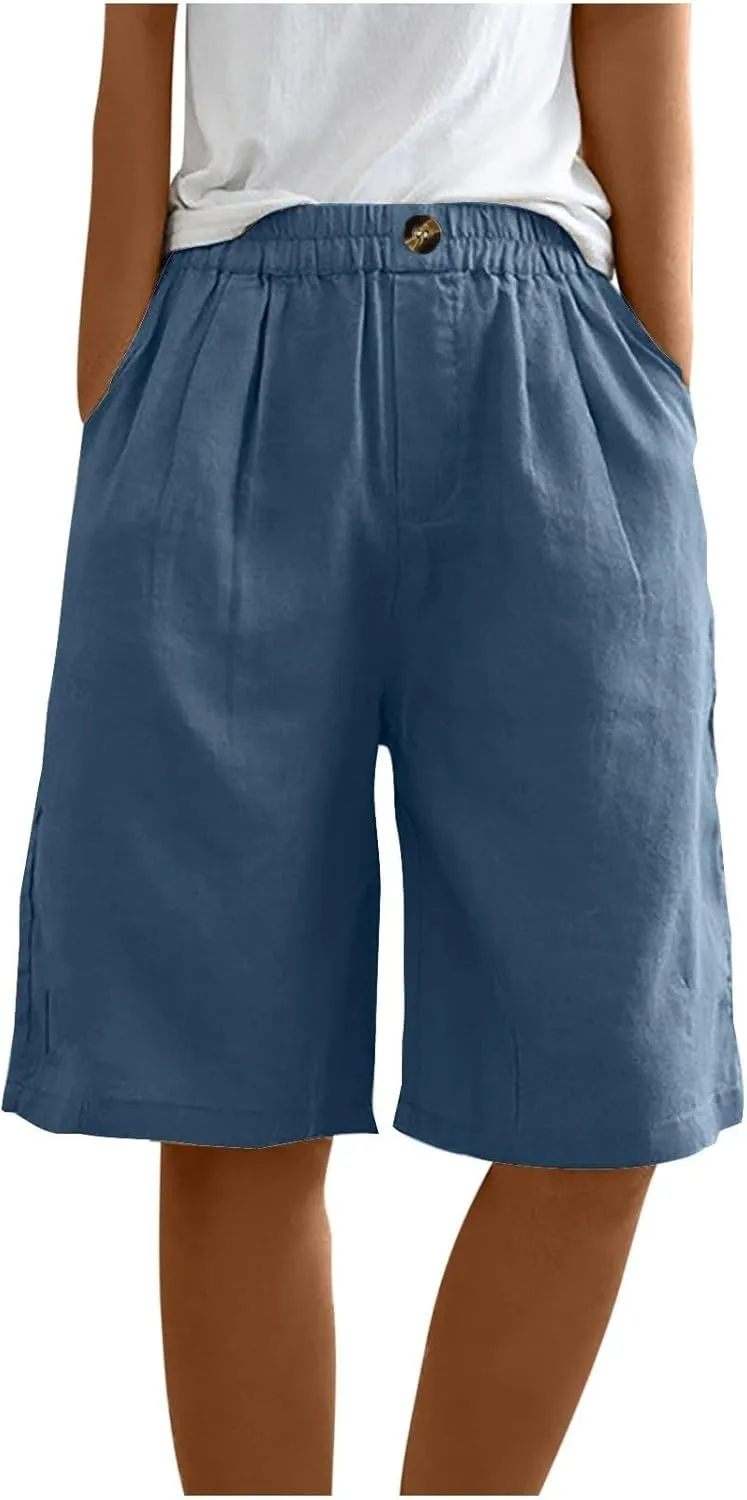 Womens Wide Leg Cotton Linen Shorts Comfy Bermuda Shorts Summer Casual Short Pants Loose Knee Length Shorts