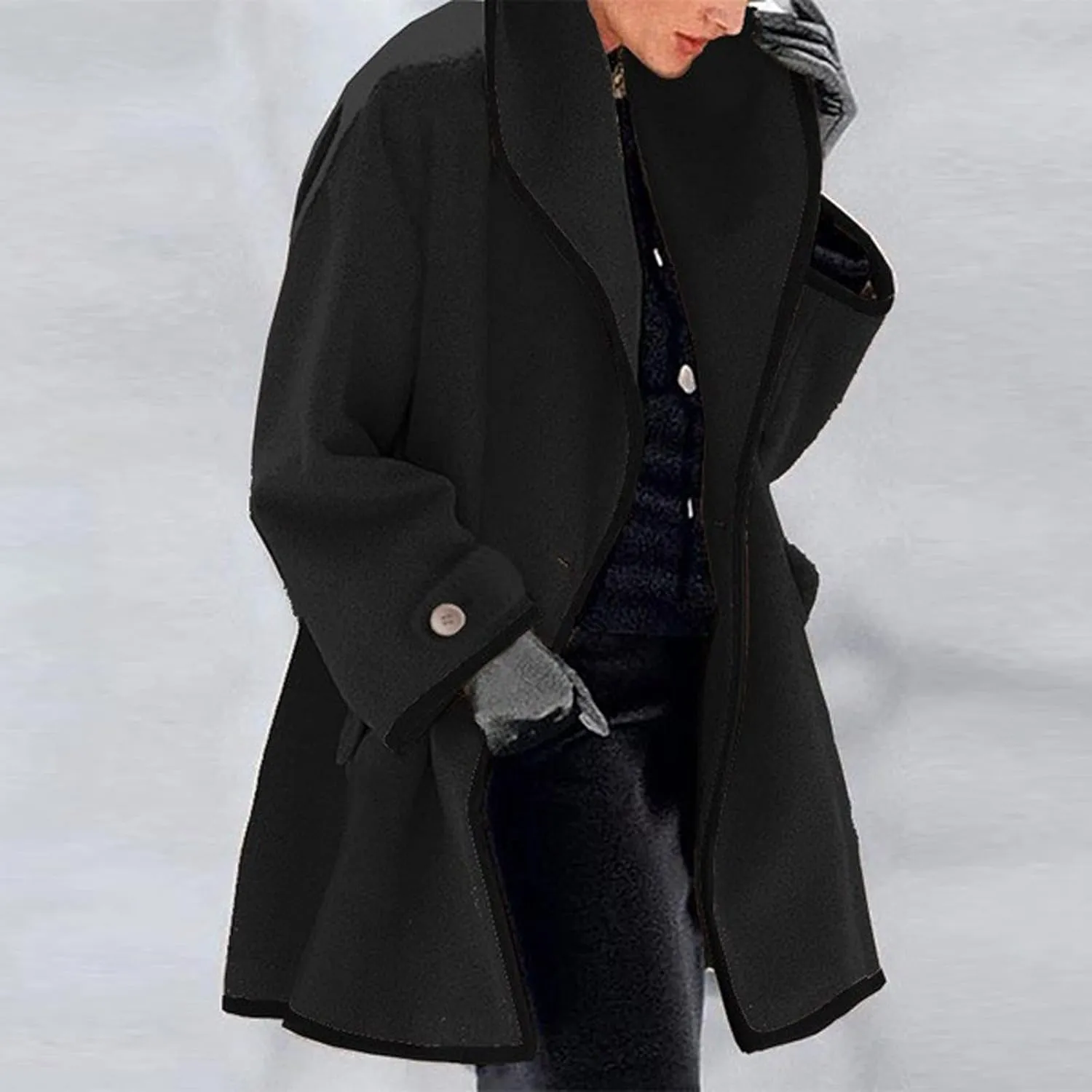Women's Wool Peacoat Shawl Collar Loose Cardigan Jacket Fashion One Button Trench Coat Winter Overcoats with Pockets