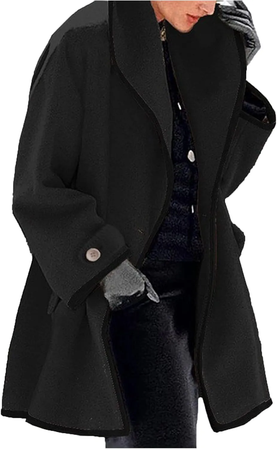 Women's Wool Peacoat Shawl Collar Loose Cardigan Jacket Fashion One Button Trench Coat Winter Overcoats with Pockets