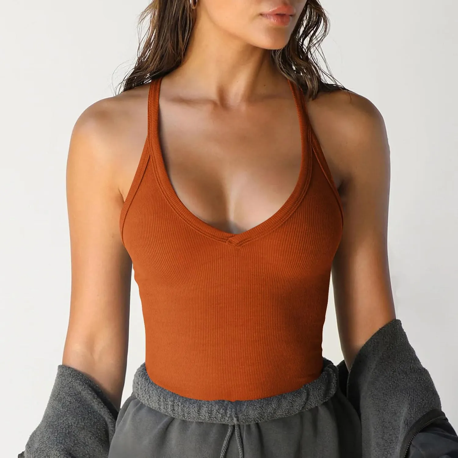 Womens Workout Camisole Tops Sexy Low Cut Tank Top Solid Summer Sleeveless Shirts Slim Fit Camis for Gym Running Yoga