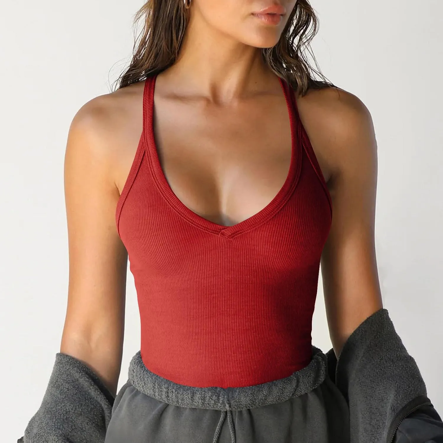 Womens Workout Camisole Tops Sexy Low Cut Tank Top Solid Summer Sleeveless Shirts Slim Fit Camis for Gym Running Yoga