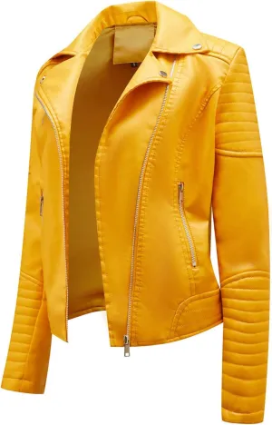 Womens Zip Up Long Sleeve Leather Jacket Motorcycle Leather Jacket PU Leather Jacket Fashion Women Moto Biker Jacket