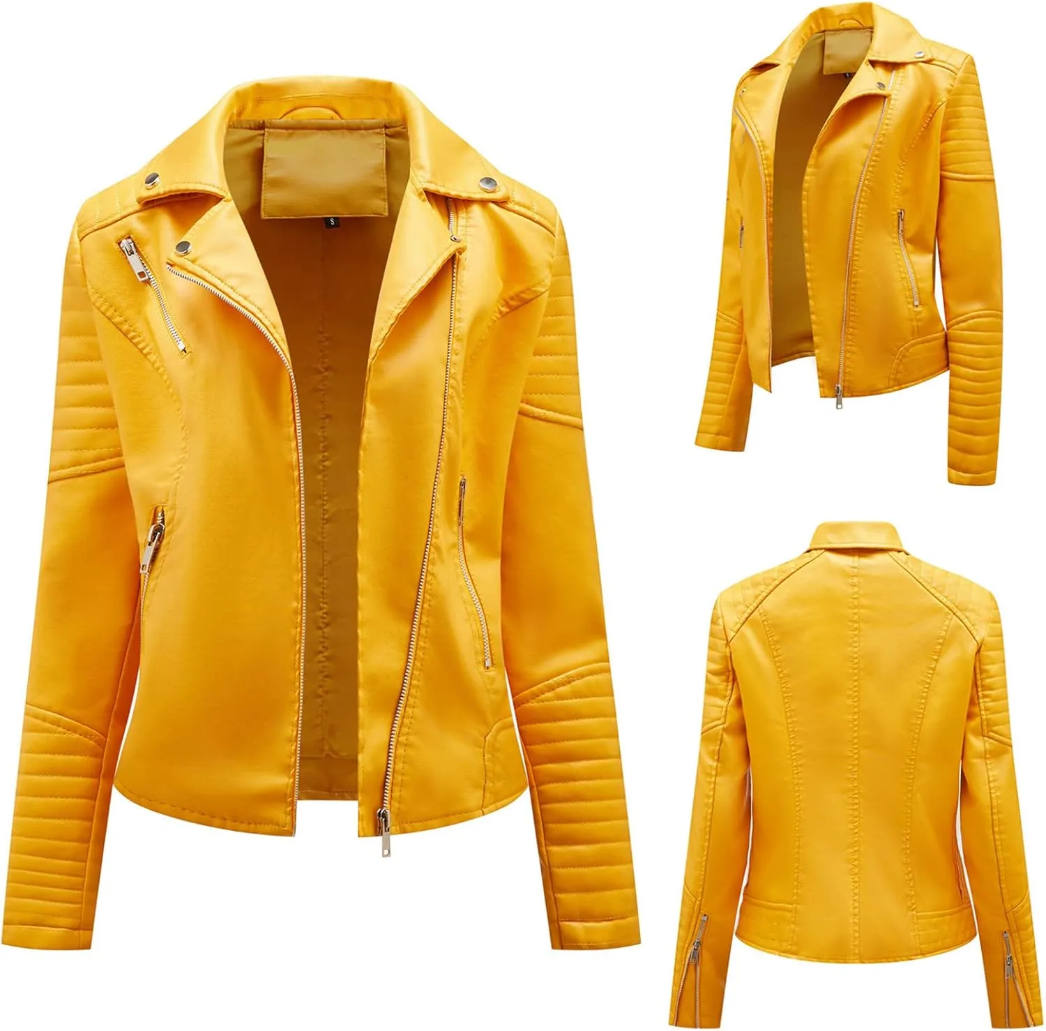 Womens Zip Up Long Sleeve Leather Jacket Motorcycle Leather Jacket PU Leather Jacket Fashion Women Moto Biker Jacket