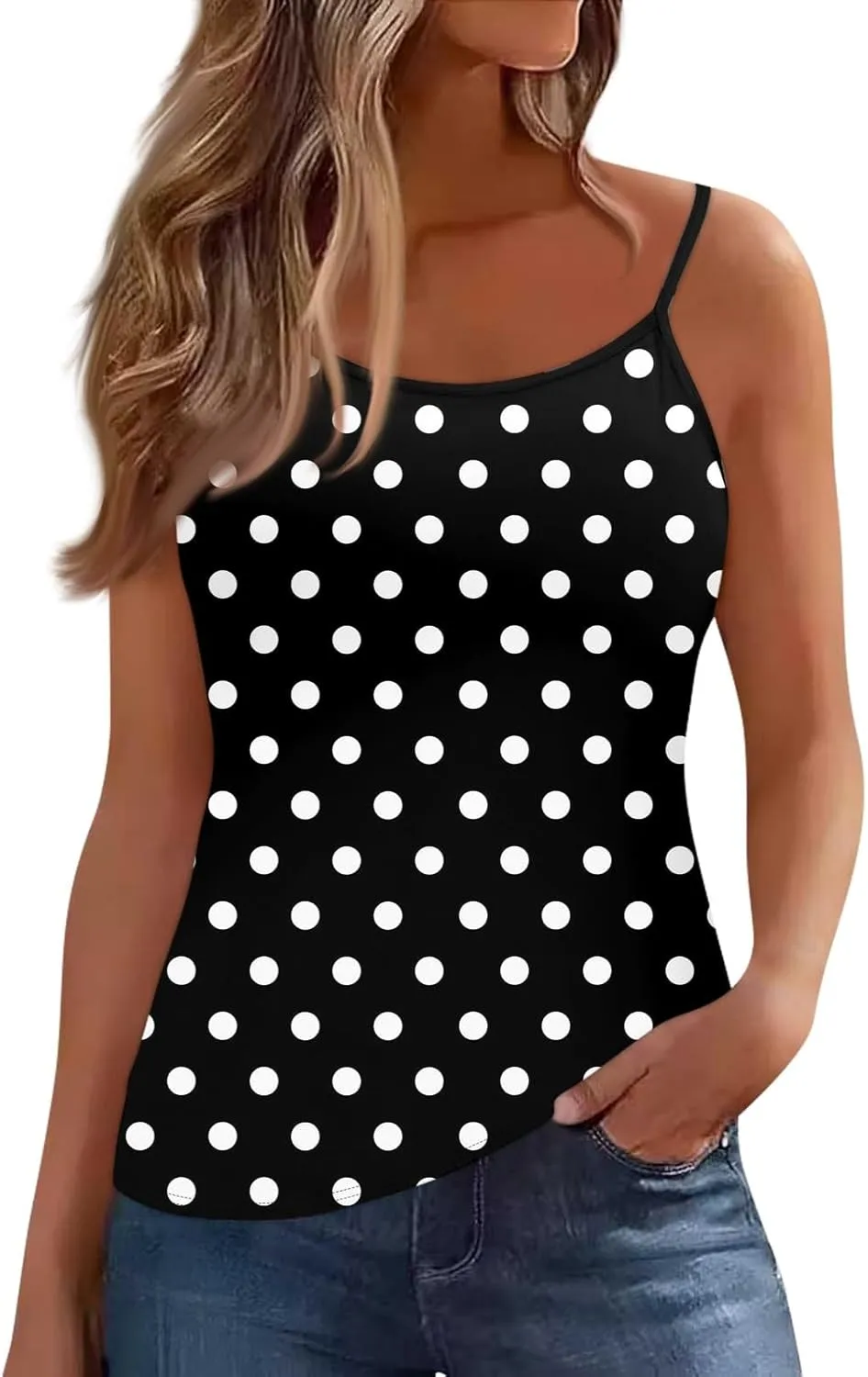 Workout Tank Tops Woman Spaghetti Strap Summer Vest Top Sleeveless Scoop Neck Athletic Graphic Cami Sexy Tank Running Camisole Cotton Beach Y2K Polka Dots Print Basic Fitted Tankini Black L