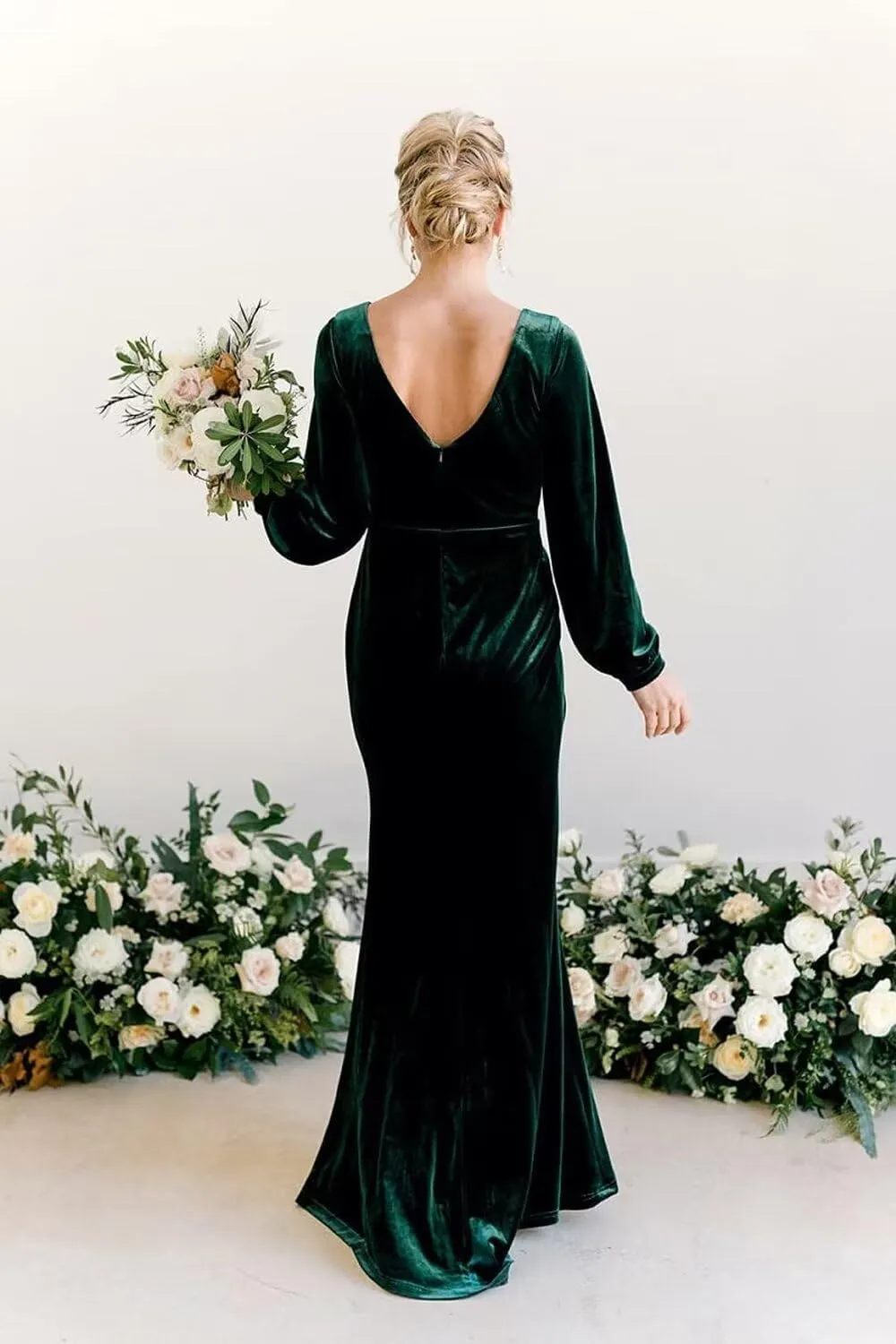 Xijun Women's Velvet Maxi Bridesmaid Dresses V Neck Formal Evening Dress Long Sleeve Wedding Guest Party Gowns
