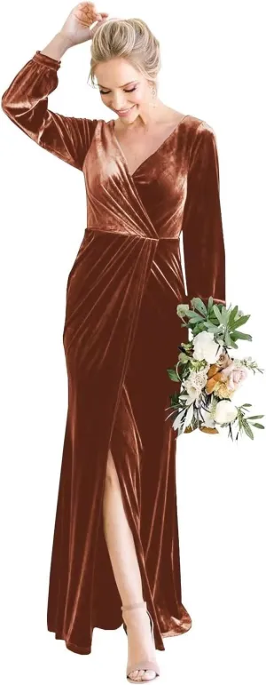 Xijun Women's Velvet Maxi Bridesmaid Dresses V Neck Formal Evening Dress Long Sleeve Wedding Guest Party Gowns