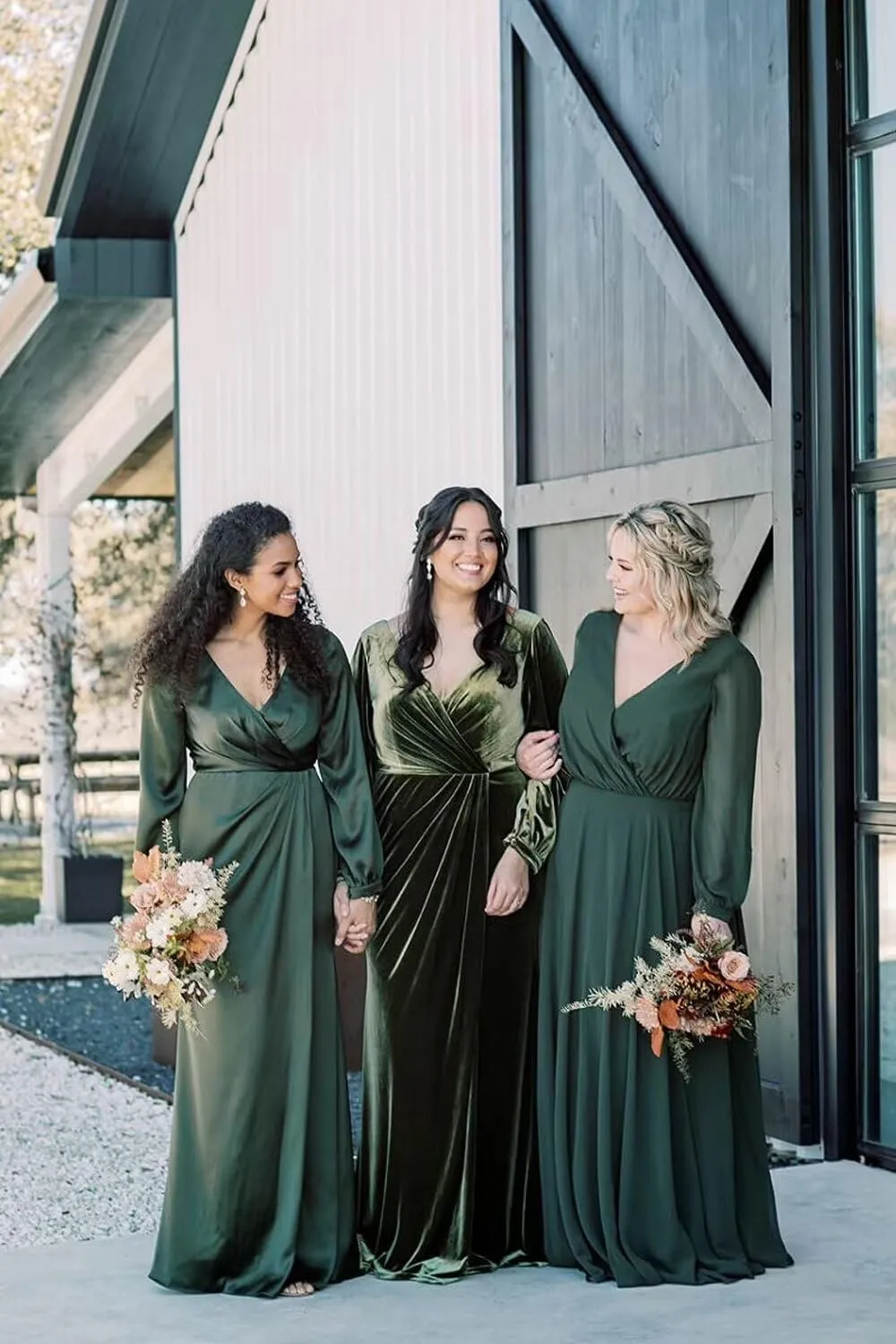 Xijun Women's Velvet Maxi Bridesmaid Dresses V Neck Formal Evening Dress Long Sleeve Wedding Guest Party Gowns
