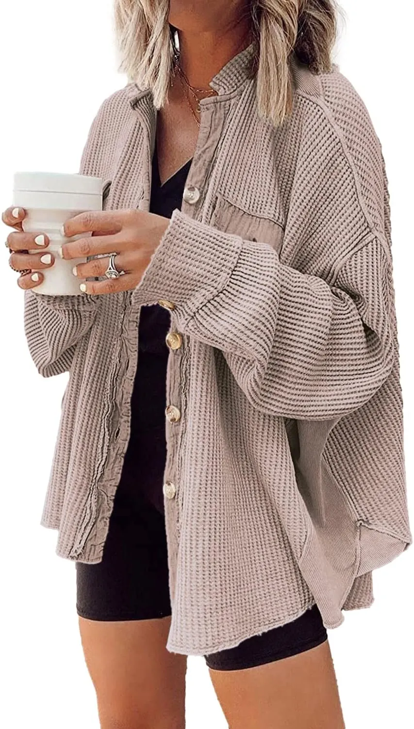 Yanekop Waffle Knit Button Down Shirt Womens Shacket Oversized Long Sleeve Shirt Jacket Trendy Outfits 2025