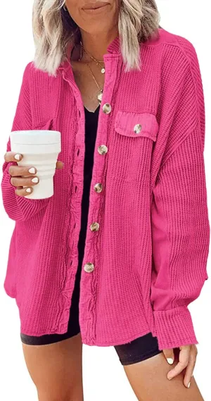 Yanekop Waffle Knit Button Down Shirt Womens Shacket Oversized Long Sleeve Shirt Jacket Trendy Outfits 2025