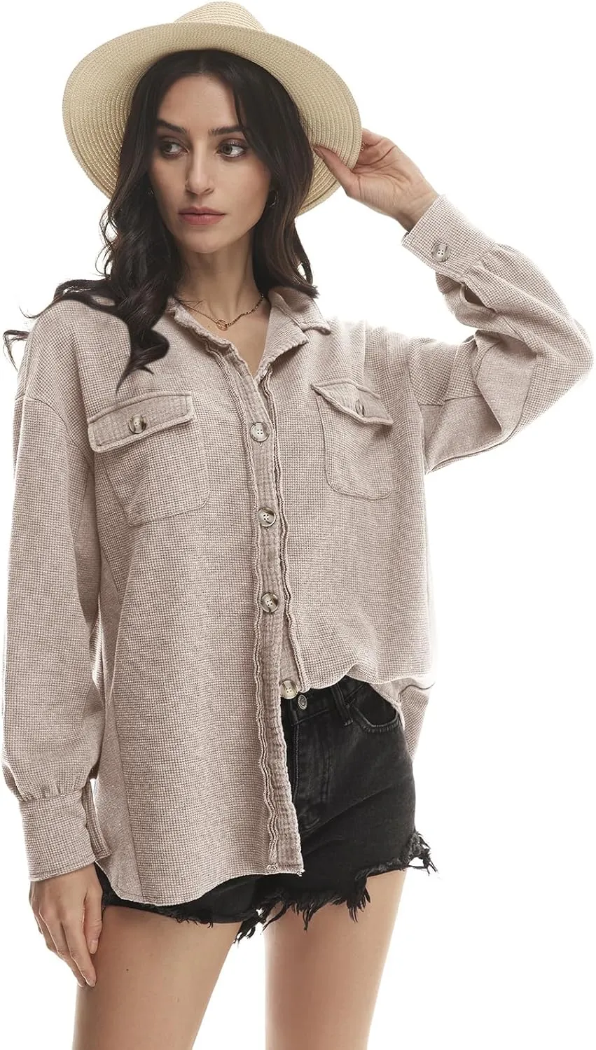 Yanekop Waffle Knit Button Down Shirt Womens Shacket Oversized Long Sleeve Shirt Jacket Trendy Outfits 2025
