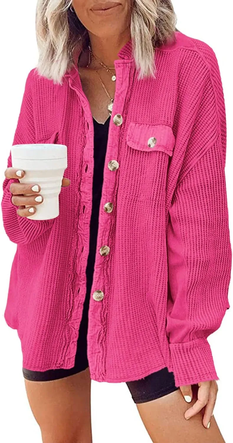 Yanekop Waffle Knit Button Down Shirt Womens Shacket Oversized Long Sleeve Shirt Jacket Trendy Outfits 2025