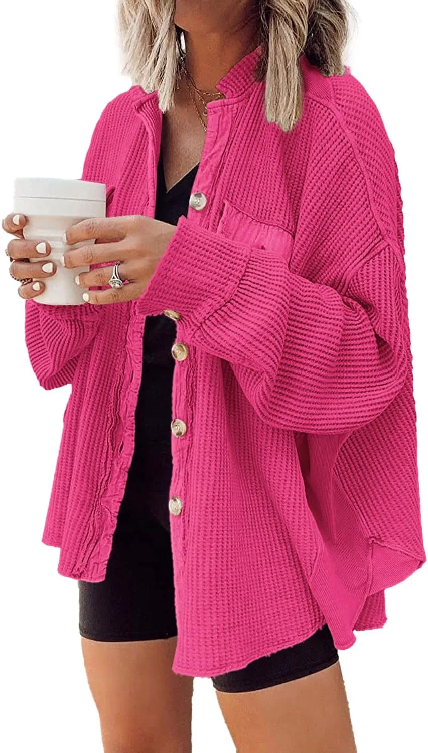 Yanekop Waffle Knit Button Down Shirt Womens Shacket Oversized Long Sleeve Shirt Jacket Trendy Outfits 2025