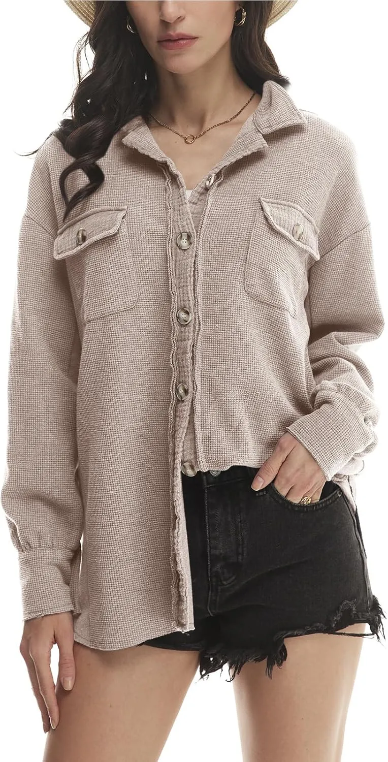Yanekop Waffle Knit Button Down Shirt Womens Shacket Oversized Long Sleeve Shirt Jacket Trendy Outfits 2025