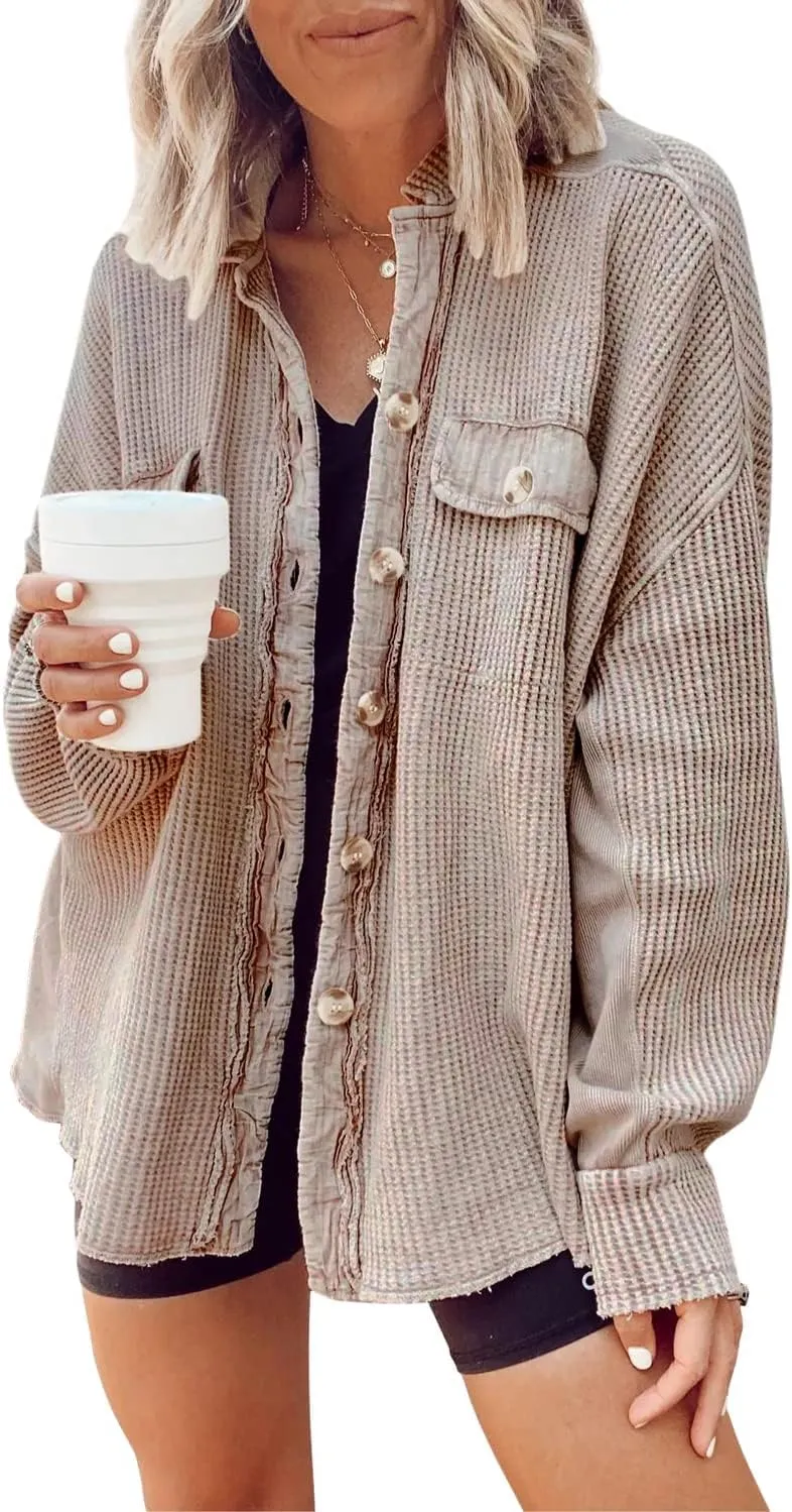 Yanekop Waffle Knit Button Down Shirt Womens Shacket Oversized Long Sleeve Shirt Jacket Trendy Outfits 2025