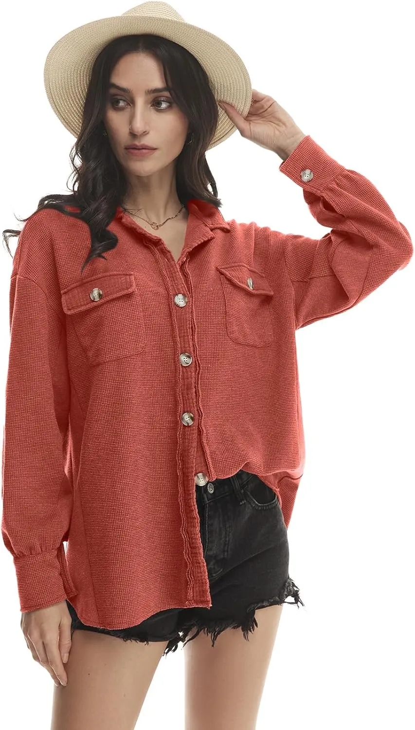 Yanekop Waffle Knit Button Down Shirt Womens Shacket Oversized Long Sleeve Shirt Jacket Trendy Outfits 2025