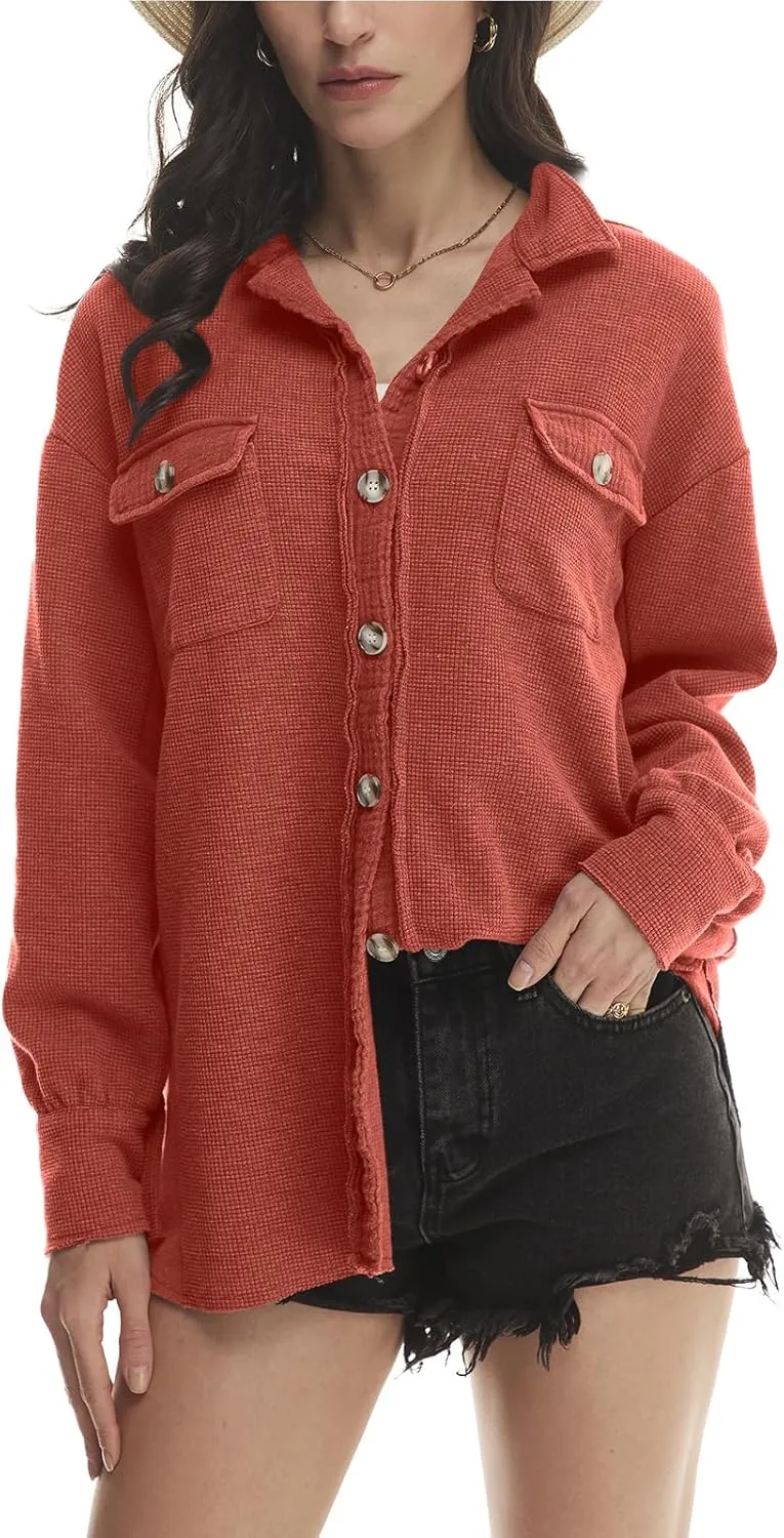 Yanekop Waffle Knit Button Down Shirt Womens Shacket Oversized Long Sleeve Shirt Jacket Trendy Outfits 2025