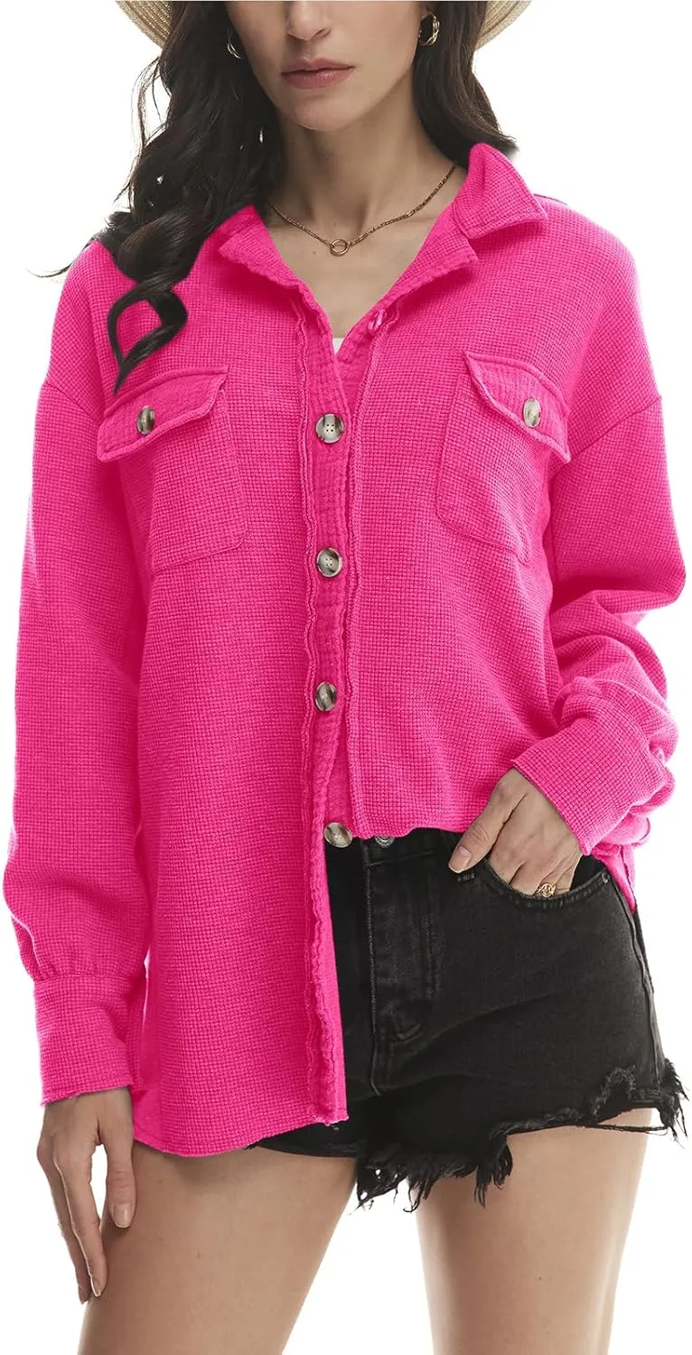 Yanekop Waffle Knit Button Down Shirt Womens Shacket Oversized Long Sleeve Shirt Jacket Trendy Outfits 2025