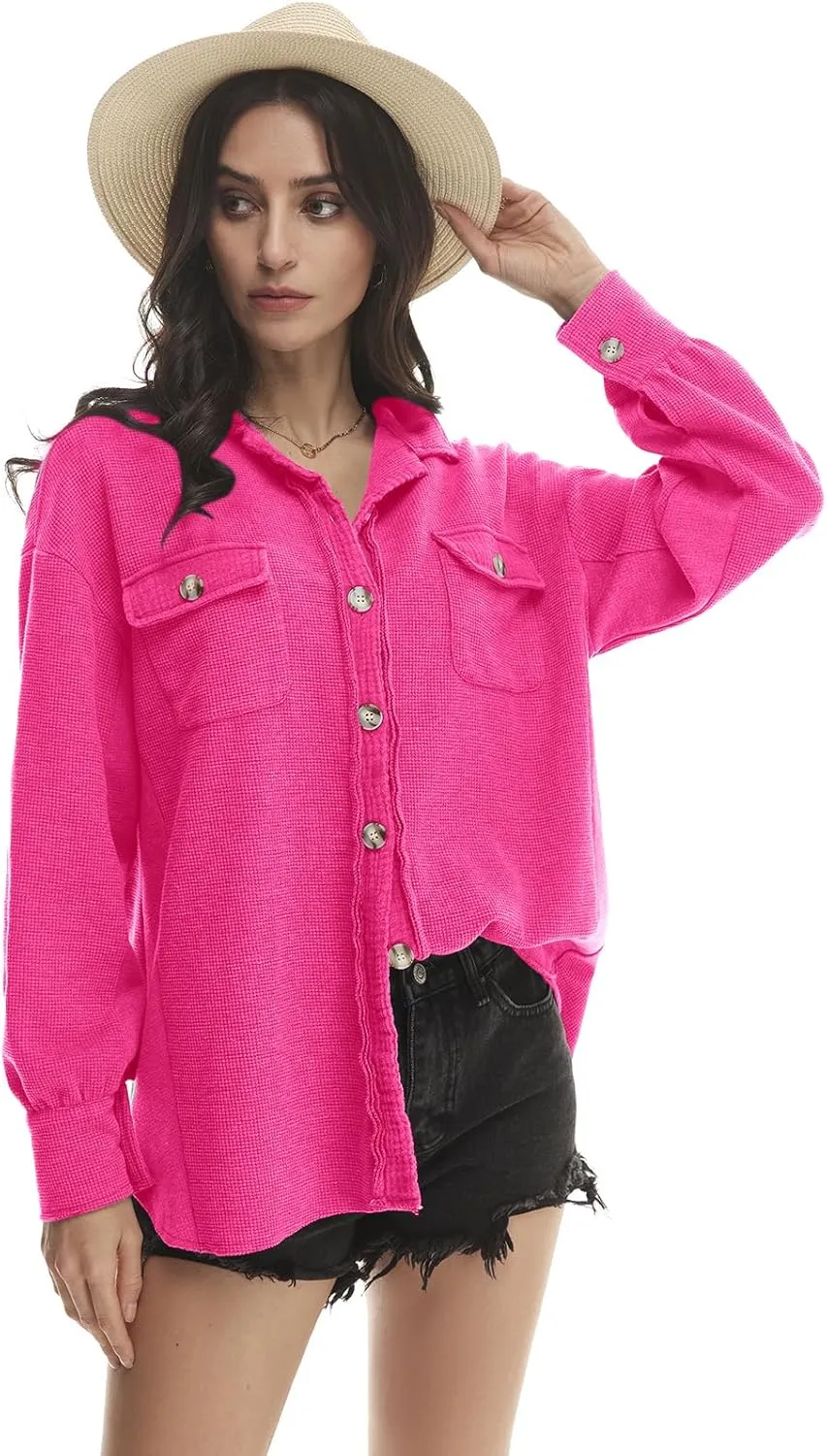 Yanekop Waffle Knit Button Down Shirt Womens Shacket Oversized Long Sleeve Shirt Jacket Trendy Outfits 2025