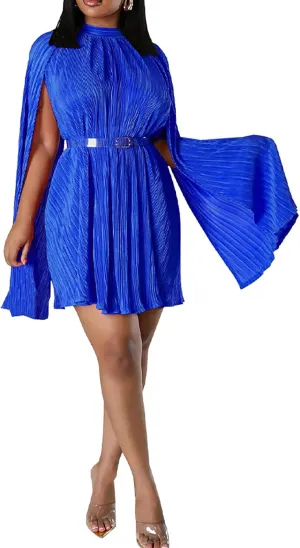 Yuopeid Women's Mock Neck Cloak Sleeve Loose Casual Mini Dresses Fashion Pleated Flowy Hem Cocktail Party Short Dress