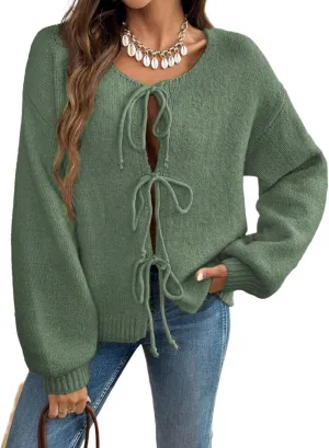 ZAFUL Women's Tie Front Cardigan Sweater Knotted Long Sleeve Knitwear Frenchy Oversized Cardigan