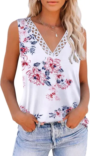 Zeagoo Women 2025 V Neck Lace Tank Tops Summer Floral Print Loose Fit Tops Sleeveless Shirts Casual Trendy Blouse