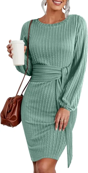 Zeagoo Women's Casual Knit Dress Fall Long Sleeve Bodycon Dress Crewneck Tie Waist Rib Knitted Sweater Dresses