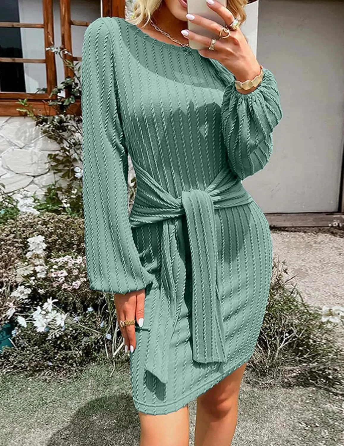 Zeagoo Women's Casual Knit Dress Fall Long Sleeve Bodycon Dress Crewneck Tie Waist Rib Knitted Sweater Dresses