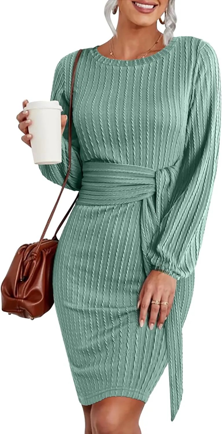 Zeagoo Women's Casual Knit Dress Fall Long Sleeve Bodycon Dress Crewneck Tie Waist Rib Knitted Sweater Dresses