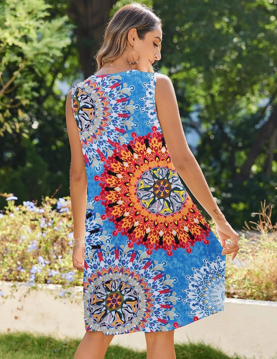 Zeagoo Womens Casual Summer Dresses 2025 Boho Sleeveless Sundresses with Pockets Pleated Beach Floral T Shirt Dresses