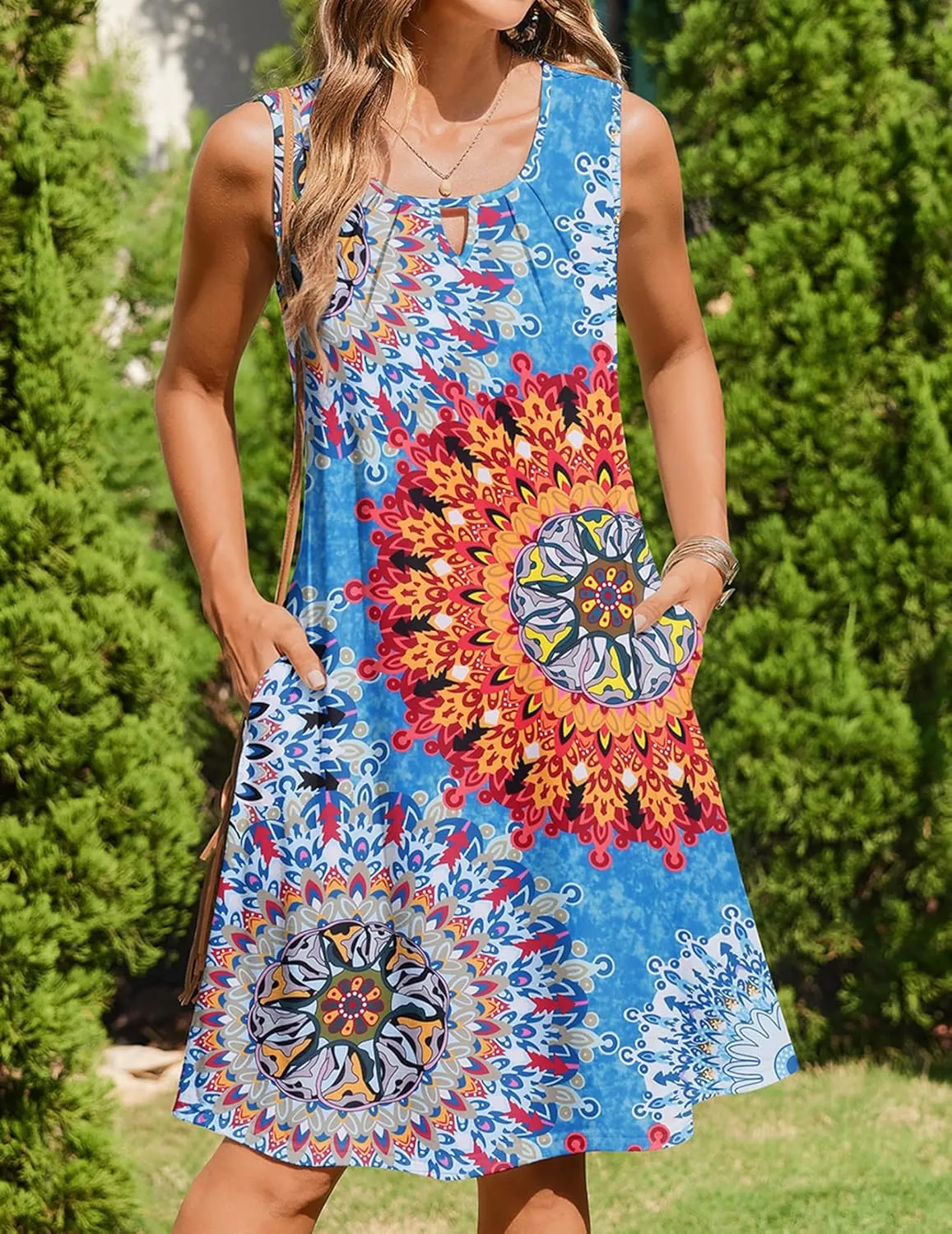 Zeagoo Womens Casual Summer Dresses 2025 Boho Sleeveless Sundresses with Pockets Pleated Beach Floral T Shirt Dresses