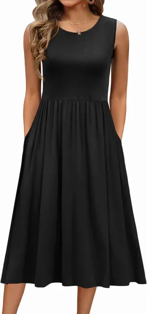 Zeagoo Women's Summer Tank Midi Dress with Pockets Sleeveless A-Line Dress Casual Floral T-Shirt Dress Flowy Beach Sundress