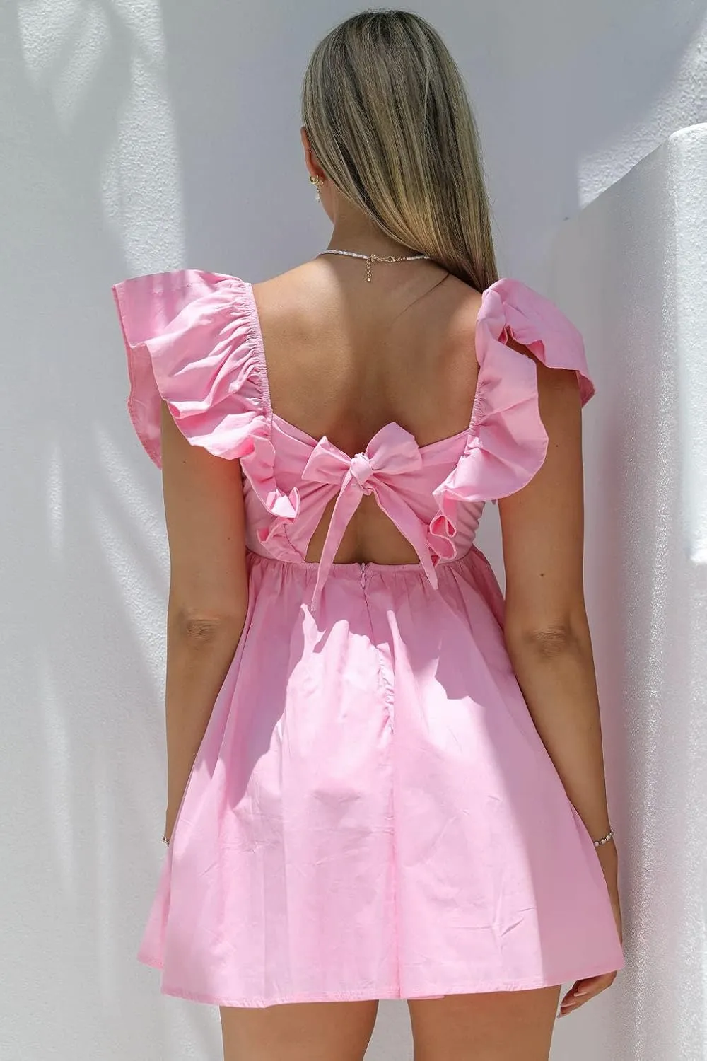 Zebaexf Womens Spring Summer V Neck Knot Back Causal Strap Short Flowy Swing Mini Dress