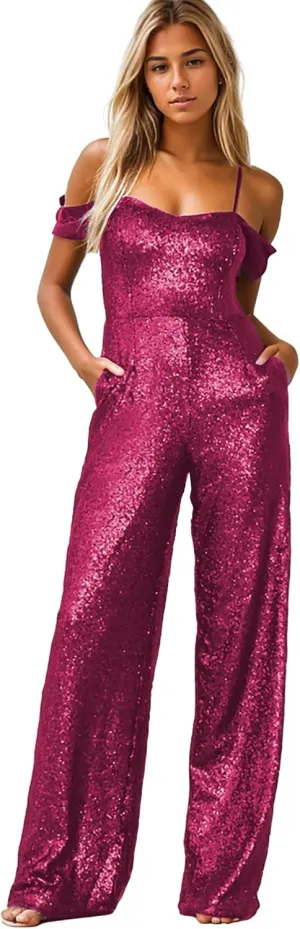 Zoghoo Sparkly Sequin Formal Jumpsuits for Women Off The Shoulder Prom Dresses Long One Piece Romper