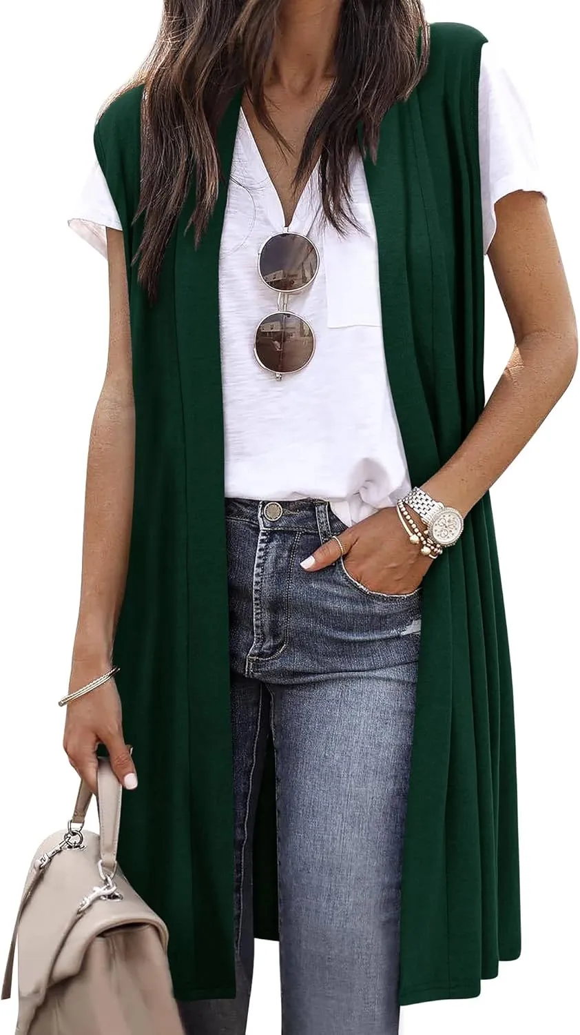 ZXZY Women Casual Sleeveless Open Front Tunic Vest Long Cardigan Tops Coat
