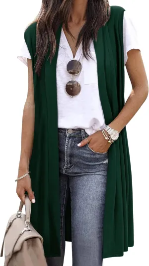 ZXZY Women Casual Sleeveless Open Front Tunic Vest Long Cardigan Tops Coat